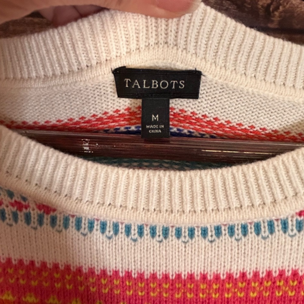 Talbots Womens White Multi Color Fair Isle Stripe Lambswool Blend Sweater Size M - Picture 6 of 8